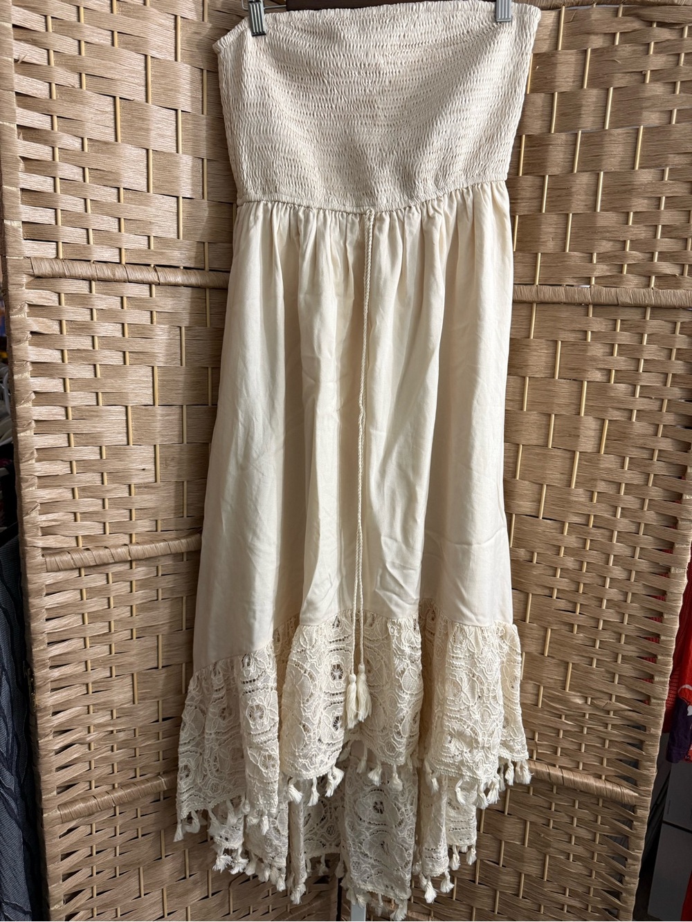 Cupshe Strapless Cream Boho Hi-Low Smocked Strapless Dress Resort Vacation - Picture 2 of 7